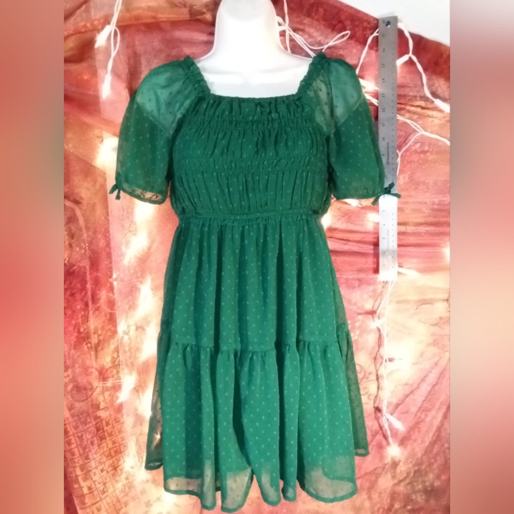 Green Polka Dot Sheer Puffed Sleeved Mini Dress By Thereabouts